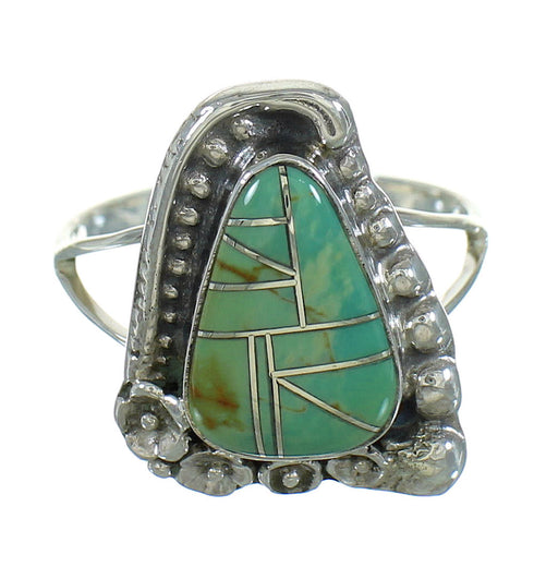 Silver Turquoise Inlay Southwestern Flower Ring Size 8-1/2 AX89153